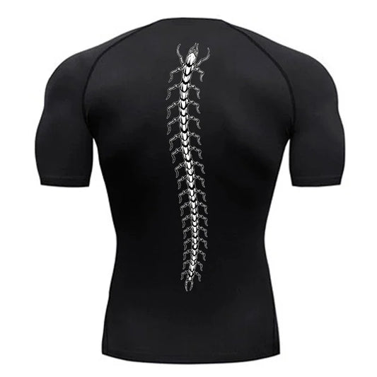 Fashionable Centipede Graphic Print Compression Shirt Men Gym Workout Sports Quick Dry T-Shirt Top Training Running Short Sleeve