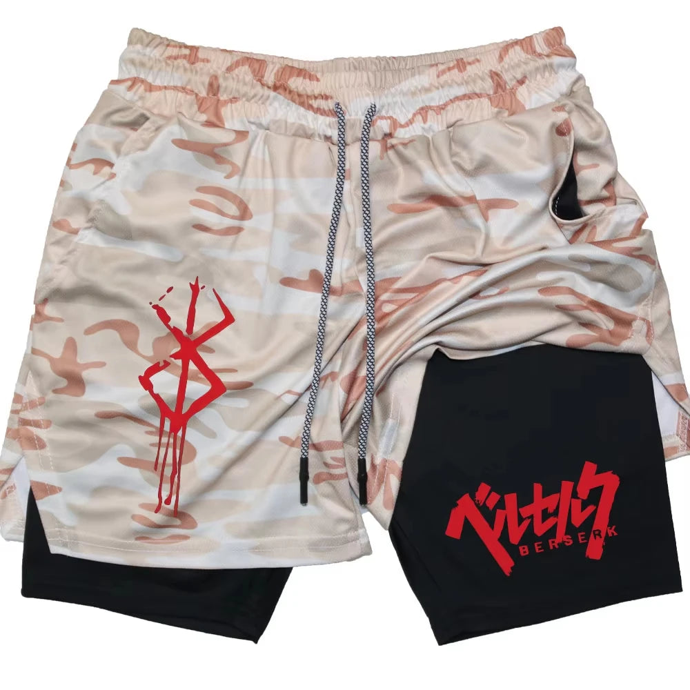 Anime Berserk Performance Shorts Men 2 in 1 Running Compression Shorts Training Yoga Gym Sportswear Workout Shorts with Pockets