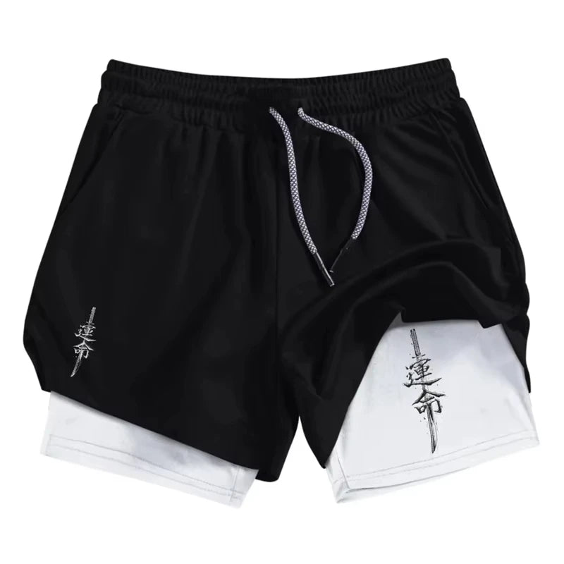 Samurai Print 2 in 1 Performance Shorts for Men Athletic Quick Dry Shorts with Phone Pocket Summer Gym Workout Running Shorts