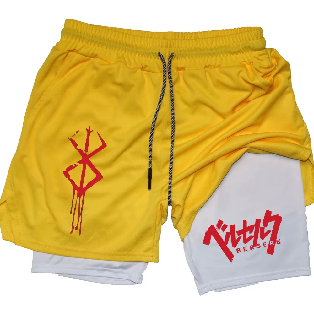 Anime Berserk Performance Shorts Men 2 in 1 Running Compression Shorts Training Yoga Gym Sportswear Workout Shorts with Pockets
