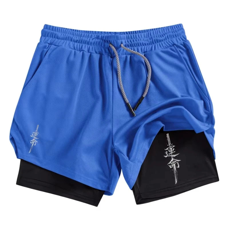 Samurai Print 2 in 1 Performance Shorts for Men Athletic Quick Dry Shorts with Phone Pocket Summer Gym Workout Running Shorts
