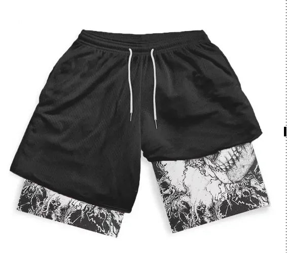 Summer men's double layered shorts men anime high waisted oversized breathable sports  shorts training and fitness sports shorts