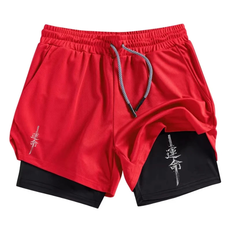 Samurai Print 2 in 1 Performance Shorts for Men Athletic Quick Dry Shorts with Phone Pocket Summer Gym Workout Running Shorts