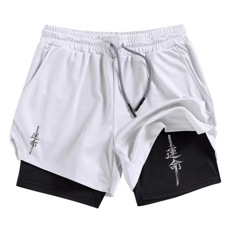 Samurai Print 2 in 1 Performance Shorts for Men Athletic Quick Dry Shorts with Phone Pocket Summer Gym Workout Running Shorts