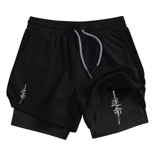 Samurai Print 2 in 1 Performance Shorts for Men Athletic Quick Dry Shorts with Phone Pocket Summer Gym Workout Running Shorts