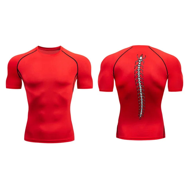 Fashionable Centipede Graphic Print Compression Shirt Men Gym Workout Sports Quick Dry T-Shirt Top Training Running Short Sleeve