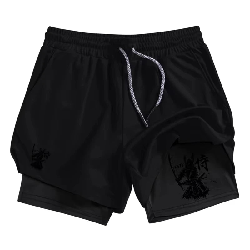 Samurai Print 2 in 1 Performance Shorts for Men Athletic Quick Dry Shorts with Phone Pocket Summer Gym Workout Running Shorts