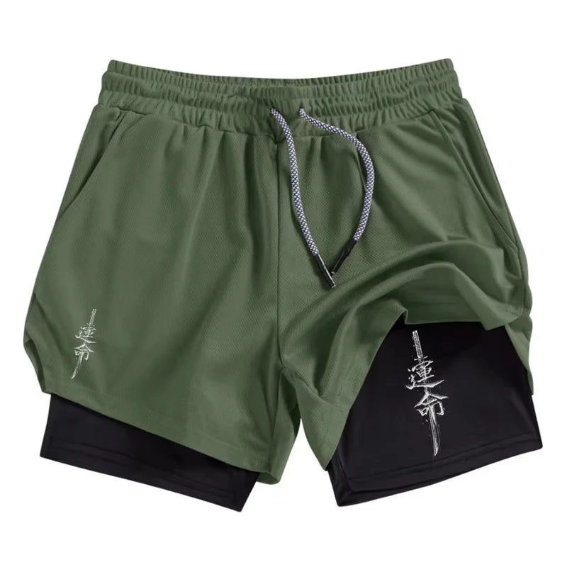 Samurai Print 2 in 1 Performance Shorts for Men Athletic Quick Dry Shorts with Phone Pocket Summer Gym Workout Running Shorts