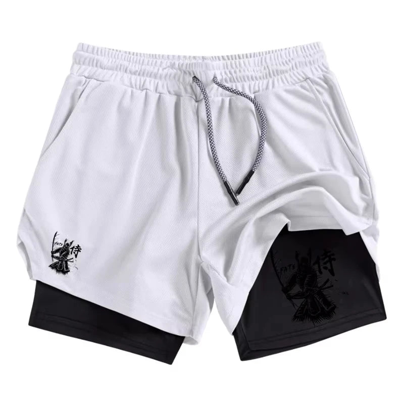 Samurai Print 2 in 1 Performance Shorts for Men Athletic Quick Dry Shorts with Phone Pocket Summer Gym Workout Running Shorts