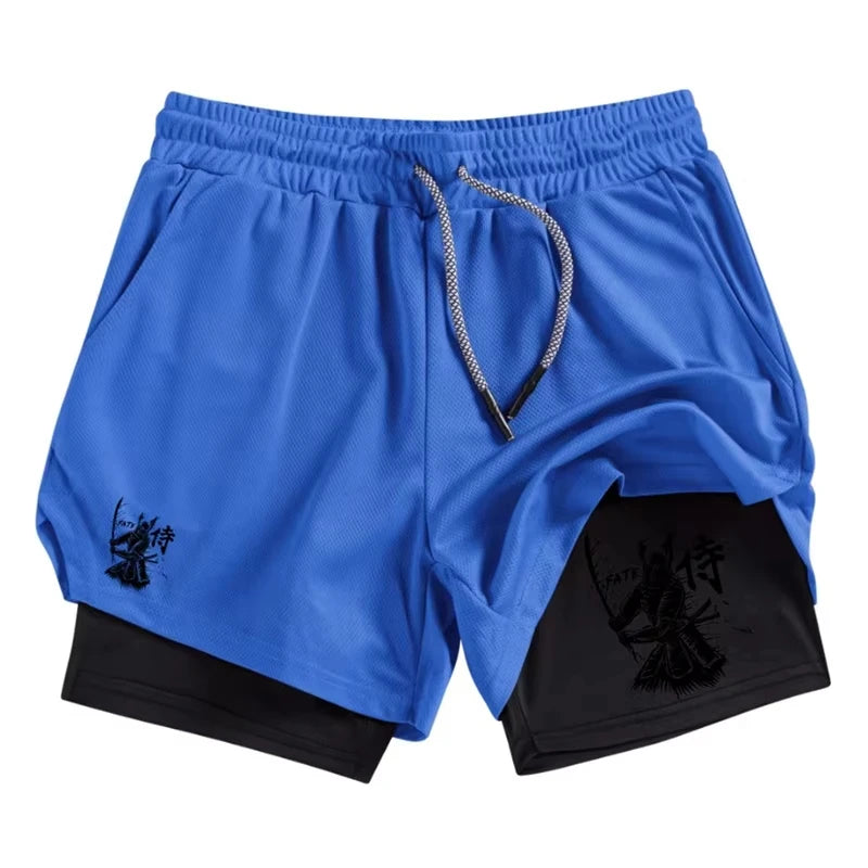 Samurai Print 2 in 1 Performance Shorts for Men Athletic Quick Dry Shorts with Phone Pocket Summer Gym Workout Running Shorts