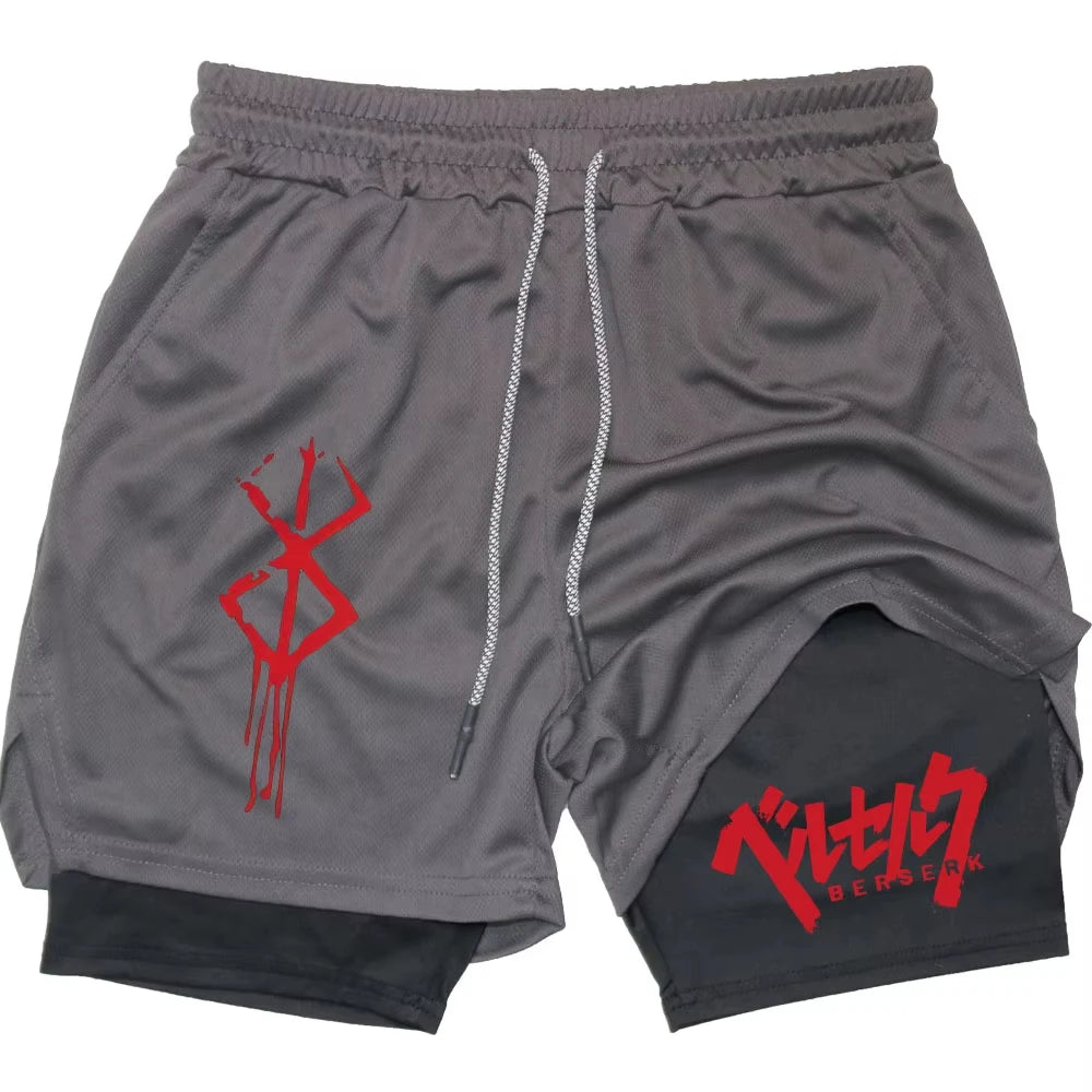 Anime Berserk Performance Shorts Men 2 in 1 Running Compression Shorts Training Yoga Gym Sportswear Workout Shorts with Pockets