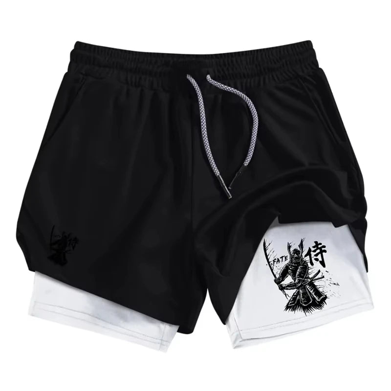 Samurai Print 2 in 1 Performance Shorts for Men Athletic Quick Dry Shorts with Phone Pocket Summer Gym Workout Running Shorts