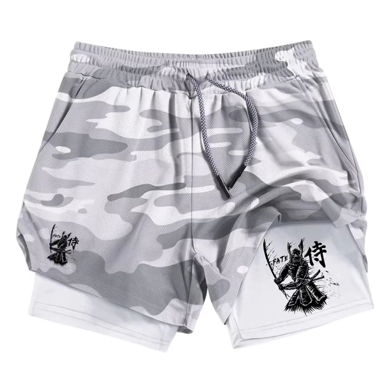 Samurai Print 2 in 1 Performance Shorts for Men Athletic Quick Dry Shorts with Phone Pocket Summer Gym Workout Running Shorts