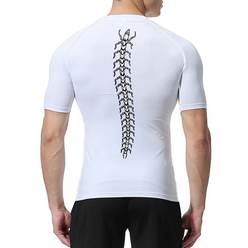 Fashionable Centipede Graphic Print Compression Shirt Men Gym Workout Sports Quick Dry T-Shirt Top Training Running Short Sleeve