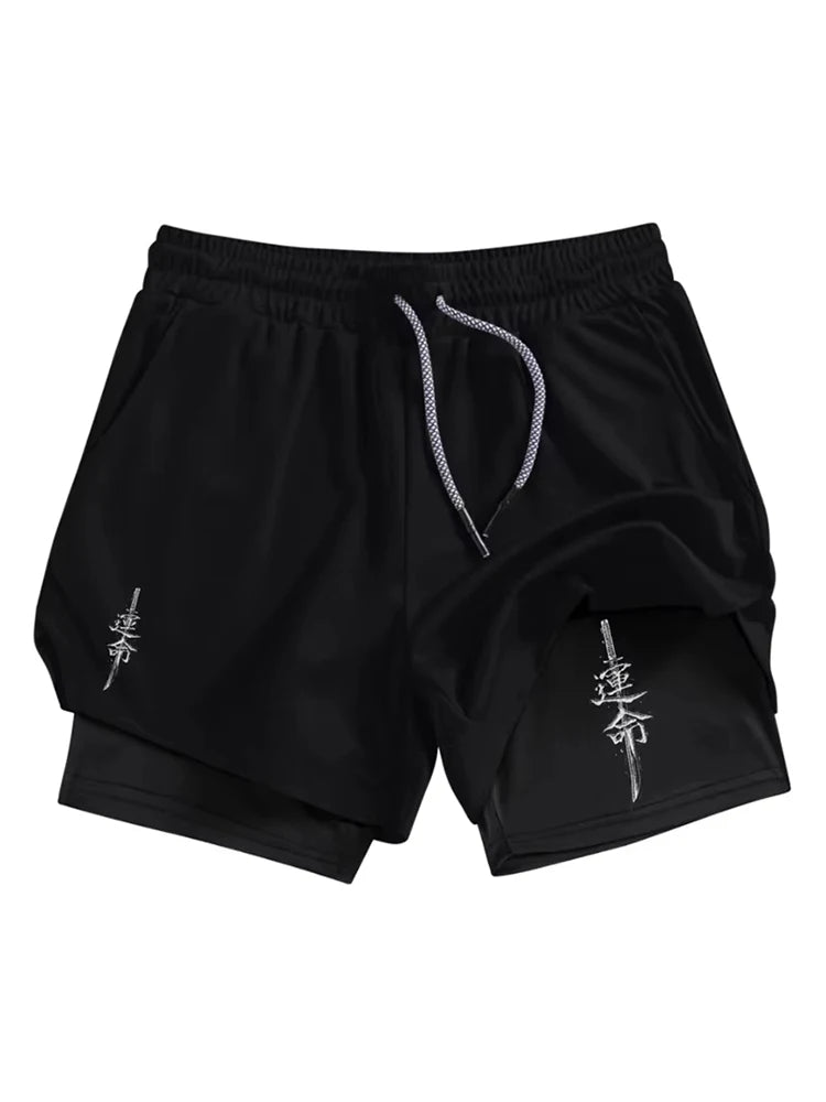 Samurai Print 2 in 1 Performance Shorts for Men Athletic Quick Dry Shorts with Phone Pocket Summer Gym Workout Running Shorts