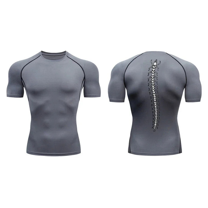 Fashionable Centipede Graphic Print Compression Shirt Men Gym Workout Sports Quick Dry T-Shirt Top Training Running Short Sleeve
