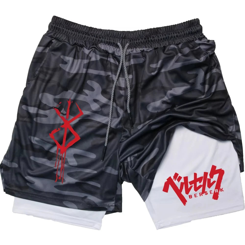 Anime Berserk Performance Shorts Men 2 in 1 Running Compression Shorts Training Yoga Gym Sportswear Workout Shorts with Pockets