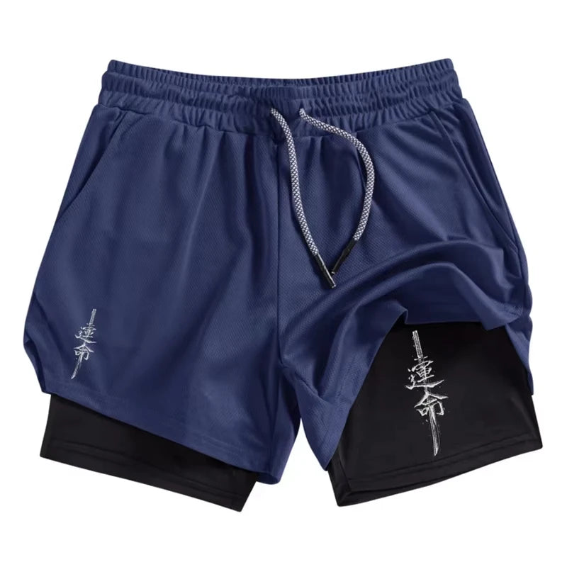 Samurai Print 2 in 1 Performance Shorts for Men Athletic Quick Dry Shorts with Phone Pocket Summer Gym Workout Running Shorts