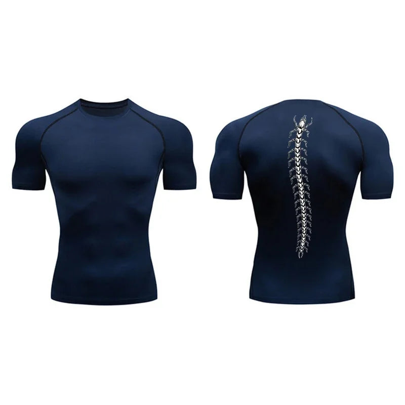 Fashionable Centipede Graphic Print Compression Shirt Men Gym Workout Sports Quick Dry T-Shirt Top Training Running Short Sleeve