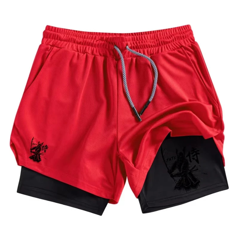 Samurai Print 2 in 1 Performance Shorts for Men Athletic Quick Dry Shorts with Phone Pocket Summer Gym Workout Running Shorts