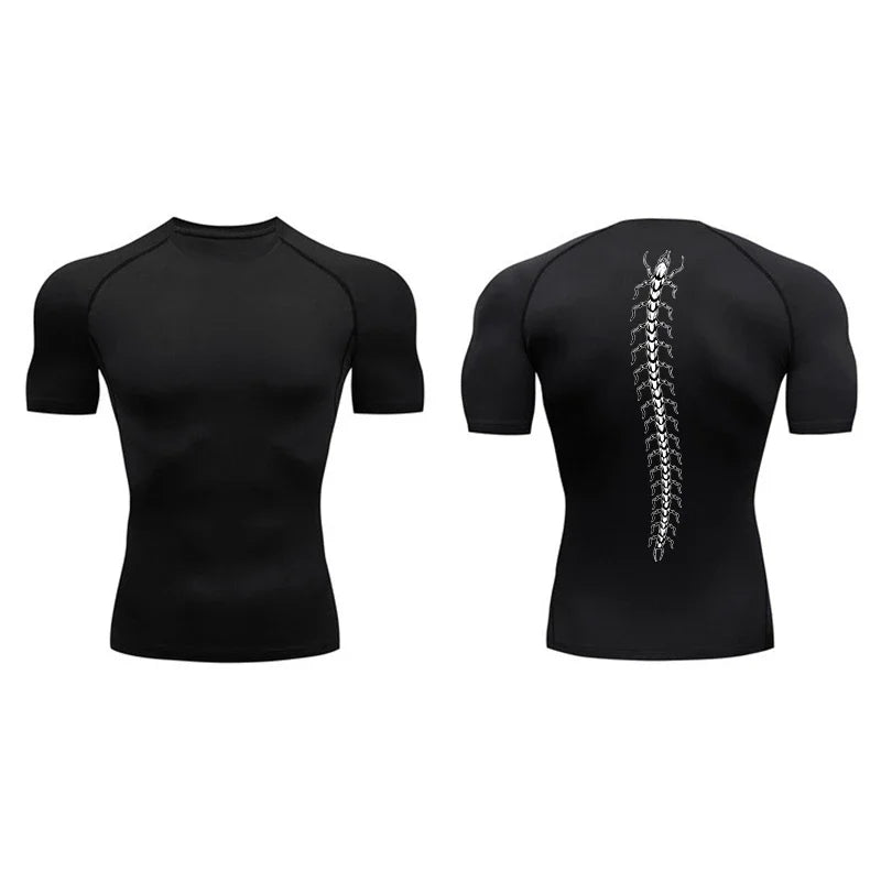 Fashionable Centipede Graphic Print Compression Shirt Men Gym Workout Sports Quick Dry T-Shirt Top Training Running Short Sleeve