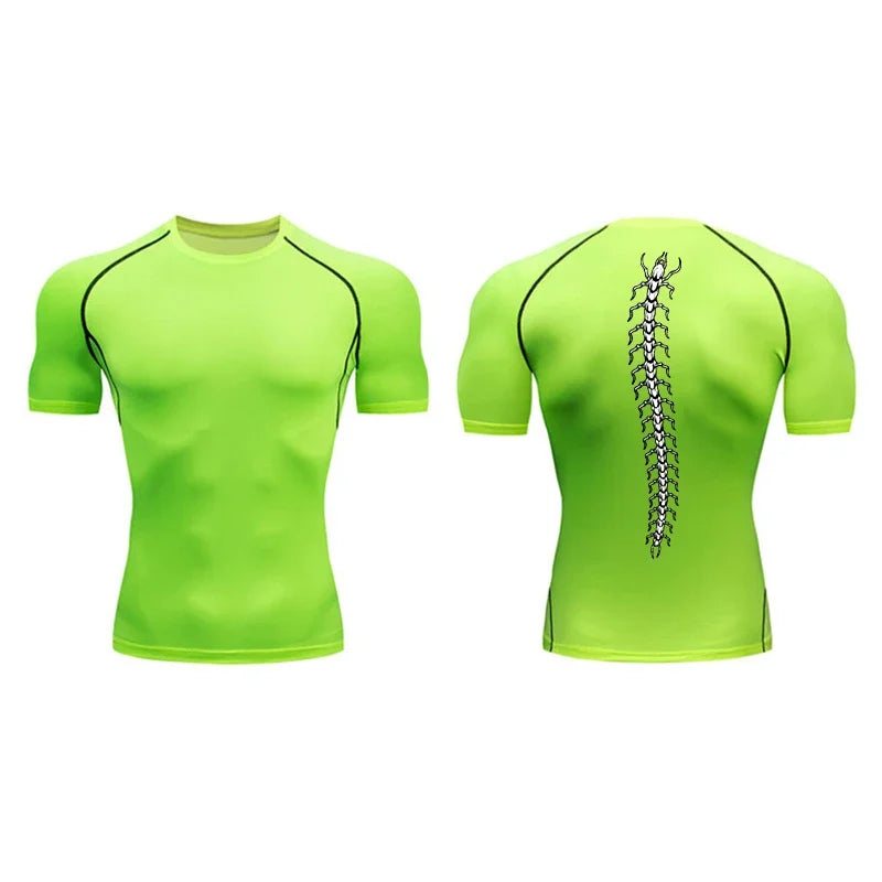 Fashionable Centipede Graphic Print Compression Shirt Men Gym Workout Sports Quick Dry T-Shirt Top Training Running Short Sleeve